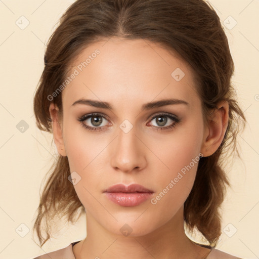 Neutral white young-adult female with medium  brown hair and brown eyes