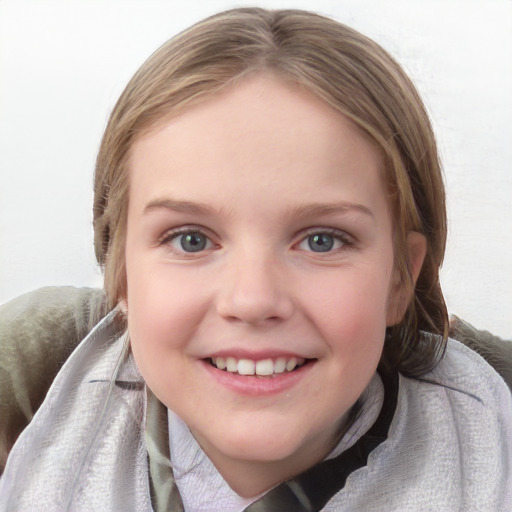 Joyful white child female with medium  brown hair and grey eyes