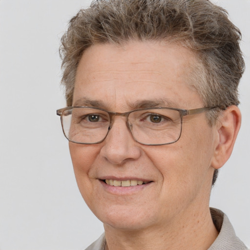 Joyful white middle-aged male with short  brown hair and brown eyes