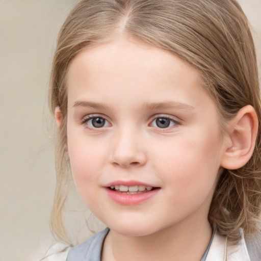 Joyful white child female with medium  brown hair and grey eyes