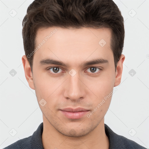 Neutral white young-adult male with short  brown hair and brown eyes