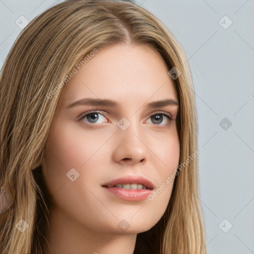 Neutral white young-adult female with long  brown hair and brown eyes