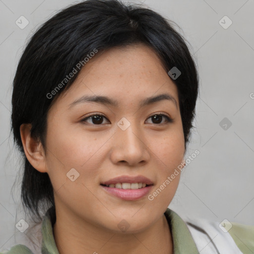 Joyful asian young-adult female with medium  brown hair and brown eyes