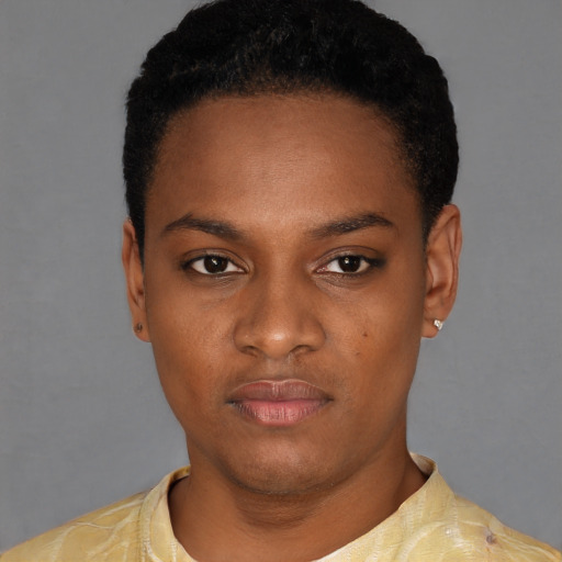 Neutral black young-adult male with short  black hair and brown eyes