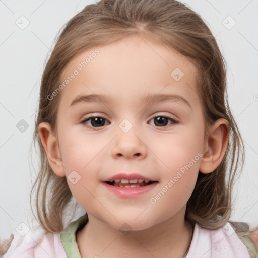 Joyful white child female with medium  brown hair and brown eyes