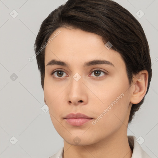 Neutral white young-adult female with short  brown hair and brown eyes