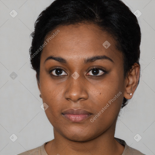 Neutral black young-adult female with short  black hair and brown eyes