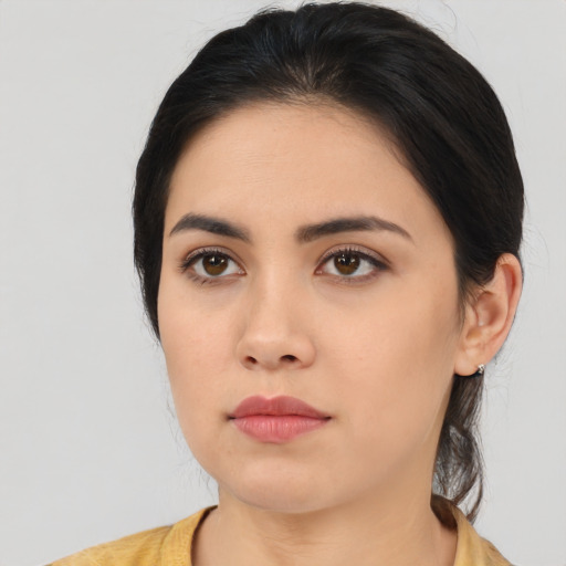 Neutral asian young-adult female with medium  black hair and brown eyes