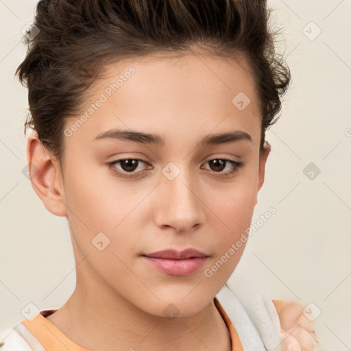 Neutral white child female with short  brown hair and brown eyes