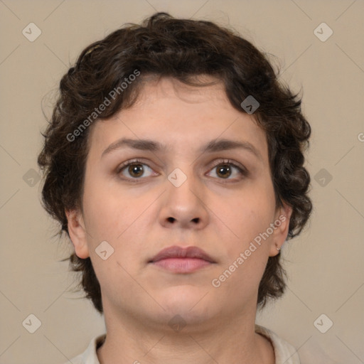 Neutral white young-adult female with short  brown hair and brown eyes