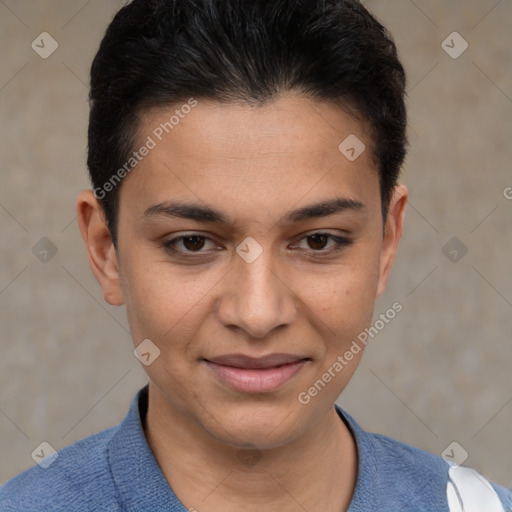 Joyful white young-adult female with short  black hair and brown eyes