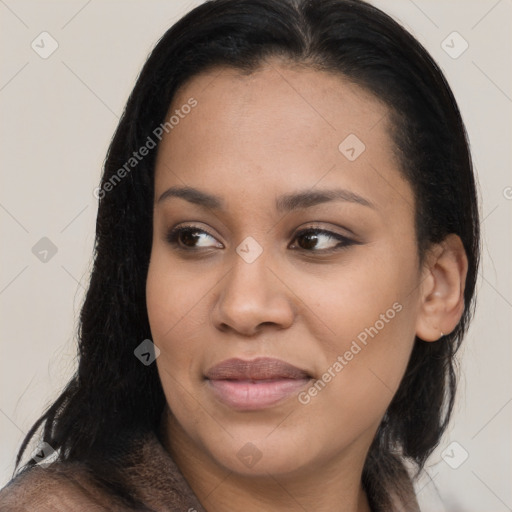 Joyful black young-adult female with medium  black hair and brown eyes