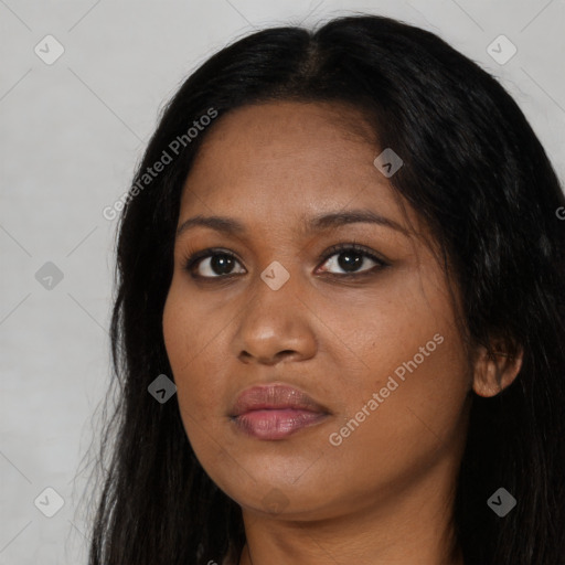 Joyful black young-adult female with long  brown hair and brown eyes