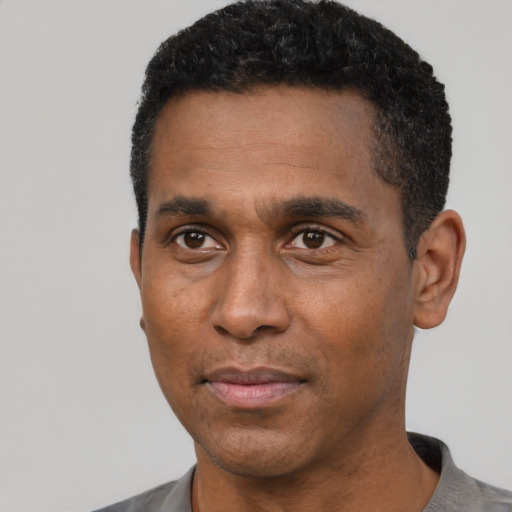 Neutral black adult male with short  black hair and brown eyes