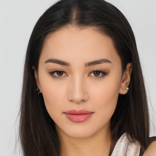 Neutral asian young-adult female with long  brown hair and brown eyes