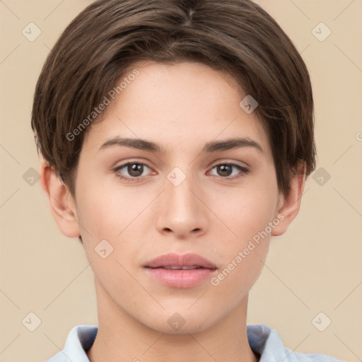 Neutral white young-adult female with short  brown hair and brown eyes