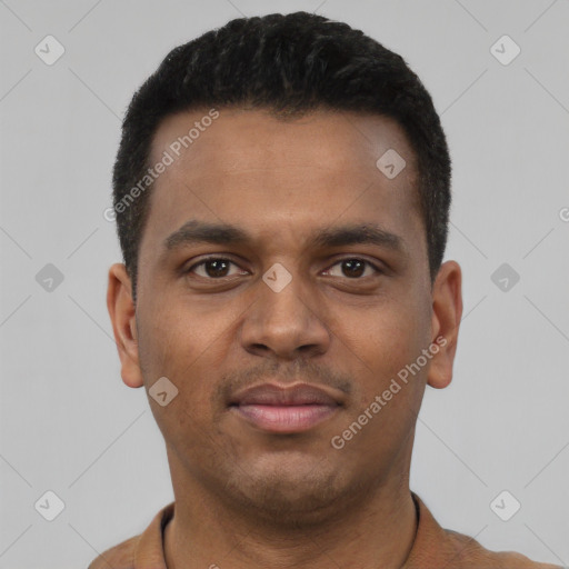 Neutral latino young-adult male with short  black hair and brown eyes