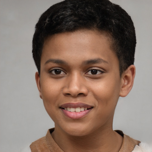 Joyful black child female with short  brown hair and brown eyes