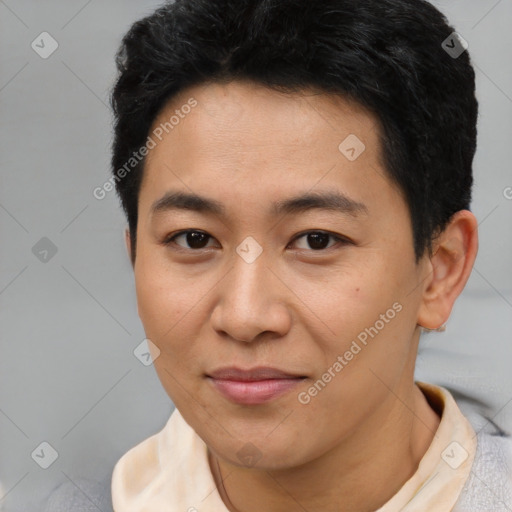 Joyful asian young-adult male with short  black hair and brown eyes