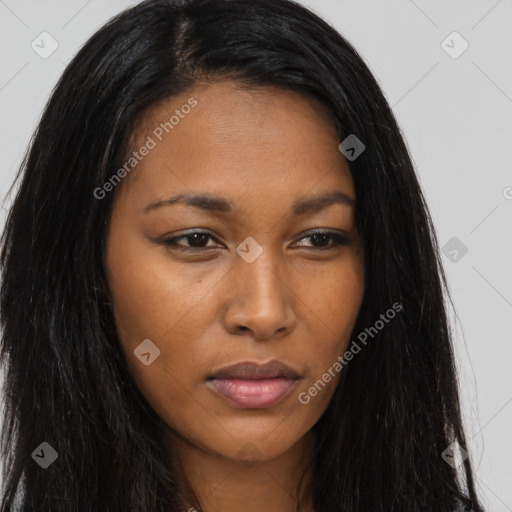 Joyful asian young-adult female with long  brown hair and brown eyes