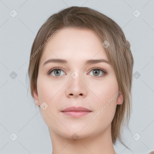 Neutral white young-adult female with medium  brown hair and grey eyes