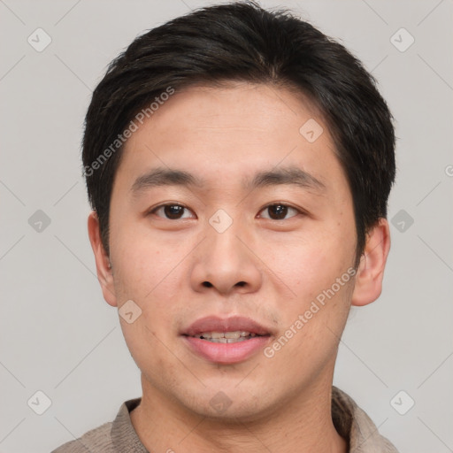 Neutral asian young-adult male with short  brown hair and brown eyes