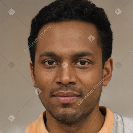 Neutral latino young-adult male with short  black hair and brown eyes