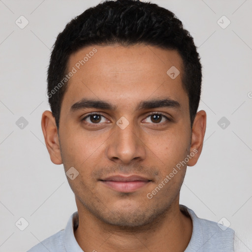 Neutral latino young-adult male with short  black hair and brown eyes