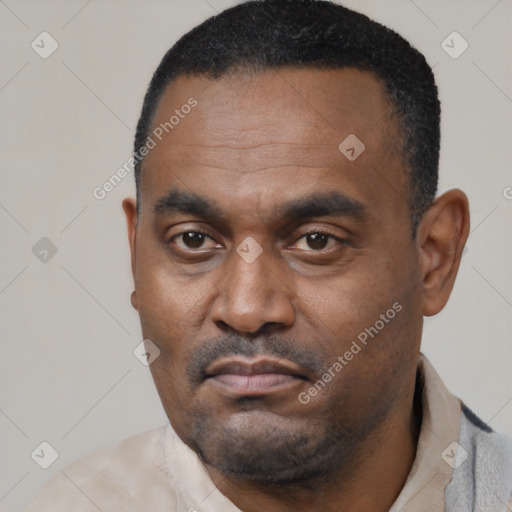 Neutral latino adult male with short  black hair and brown eyes