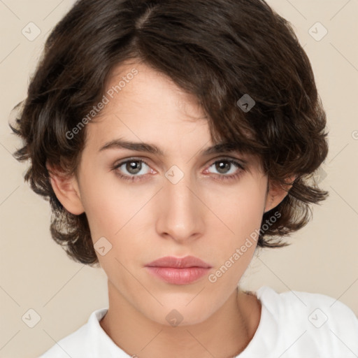 Neutral white young-adult female with medium  brown hair and brown eyes