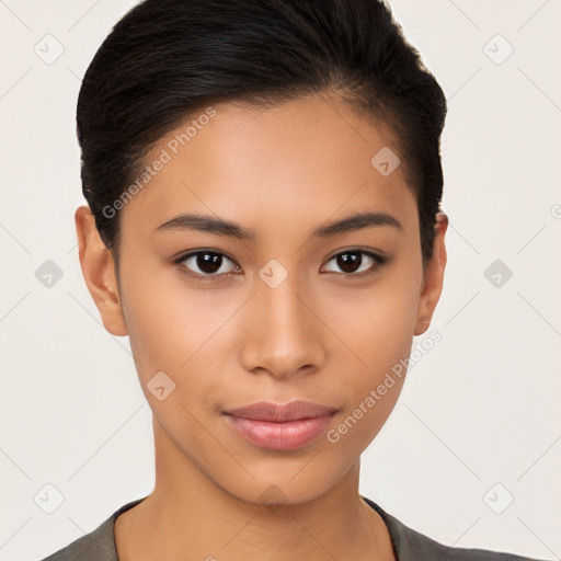 Joyful latino young-adult female with short  brown hair and brown eyes