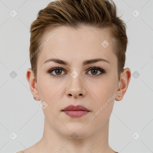 Neutral white young-adult female with short  brown hair and brown eyes