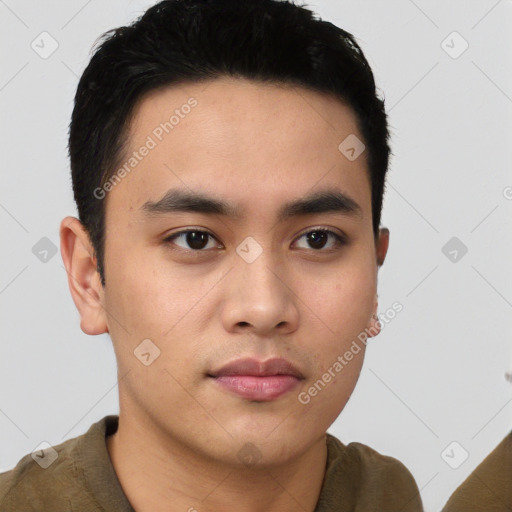 Neutral asian young-adult male with short  black hair and brown eyes