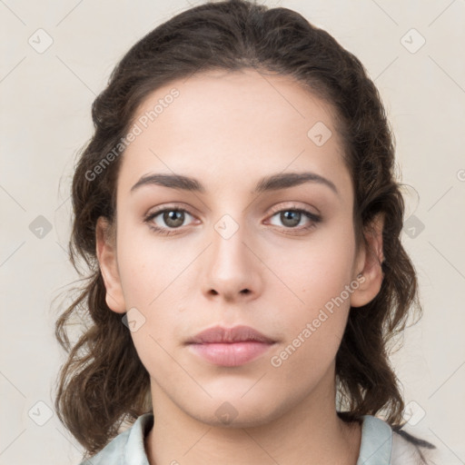 Neutral white young-adult female with medium  brown hair and brown eyes