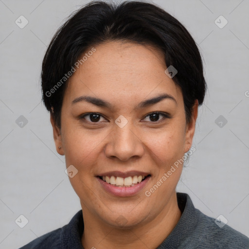 Joyful asian young-adult female with short  black hair and brown eyes