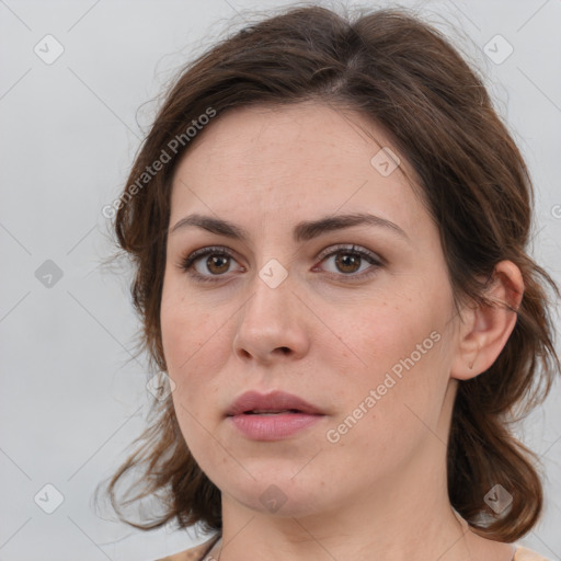 Neutral white young-adult female with medium  brown hair and brown eyes