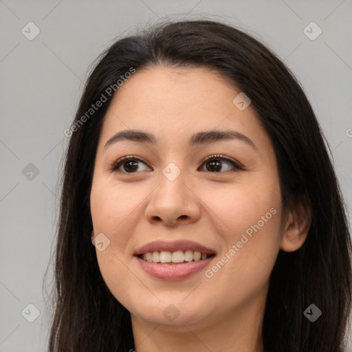 Joyful white young-adult female with long  brown hair and brown eyes