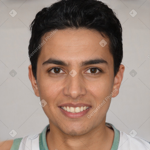 Joyful white young-adult male with short  black hair and brown eyes