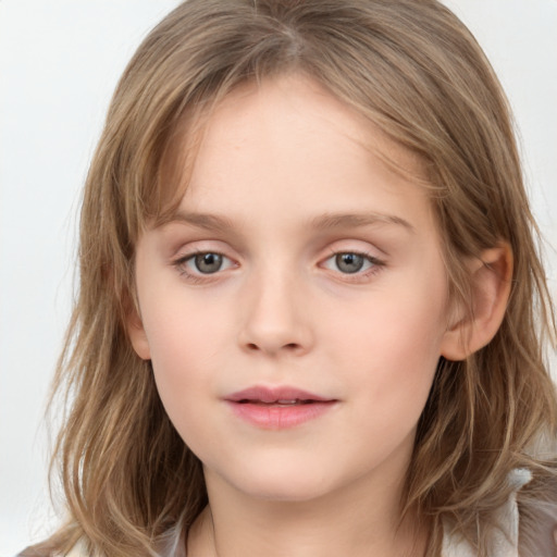 Neutral white child female with medium  brown hair and grey eyes