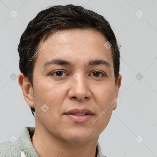 Joyful white adult male with short  brown hair and brown eyes