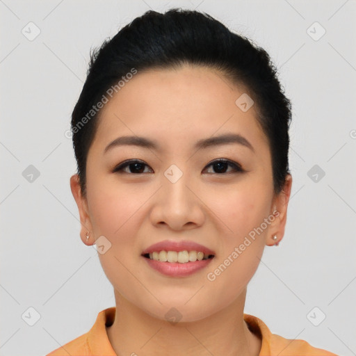 Joyful asian young-adult female with short  brown hair and brown eyes