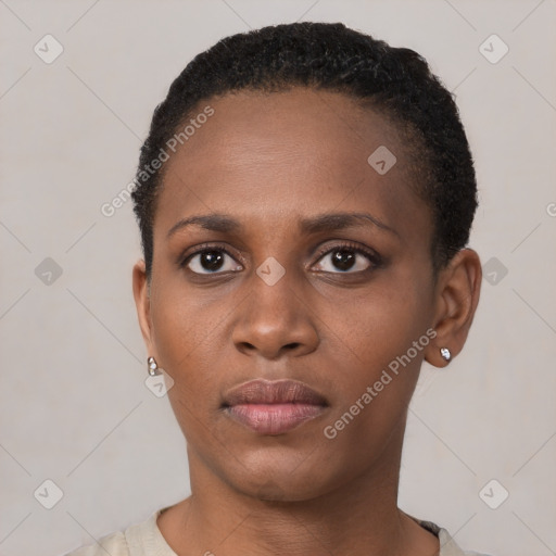 Neutral black young-adult female with short  black hair and brown eyes