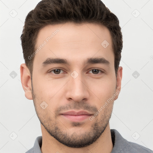 Neutral white young-adult male with short  brown hair and brown eyes