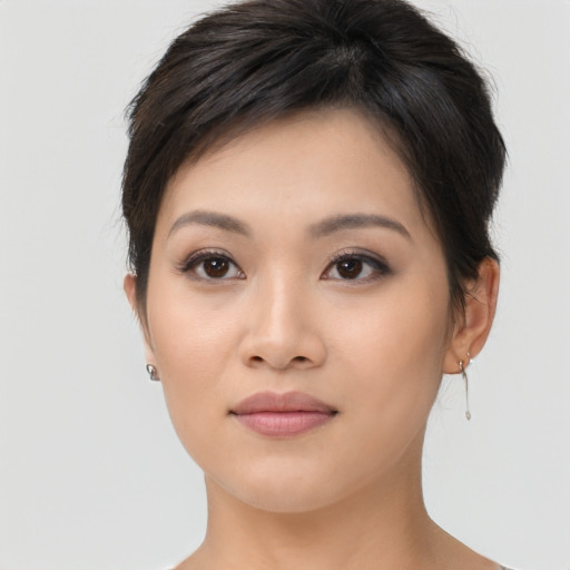 Neutral asian young-adult female with short  brown hair and brown eyes