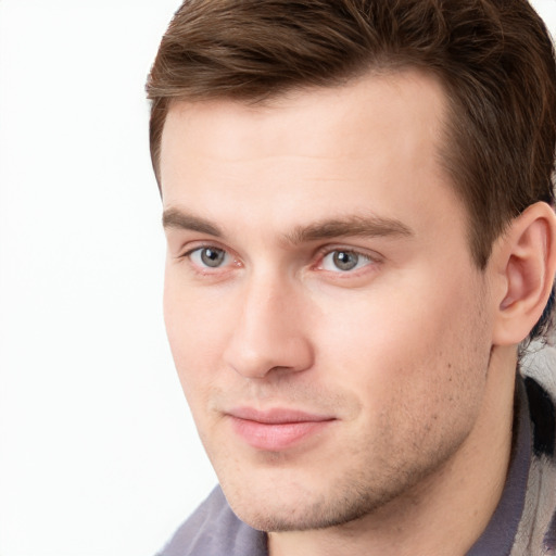 Neutral white young-adult male with short  brown hair and grey eyes