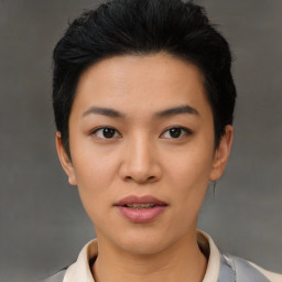 Joyful asian young-adult female with short  black hair and brown eyes