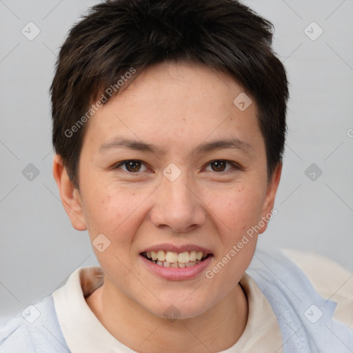 Joyful white young-adult female with short  brown hair and brown eyes