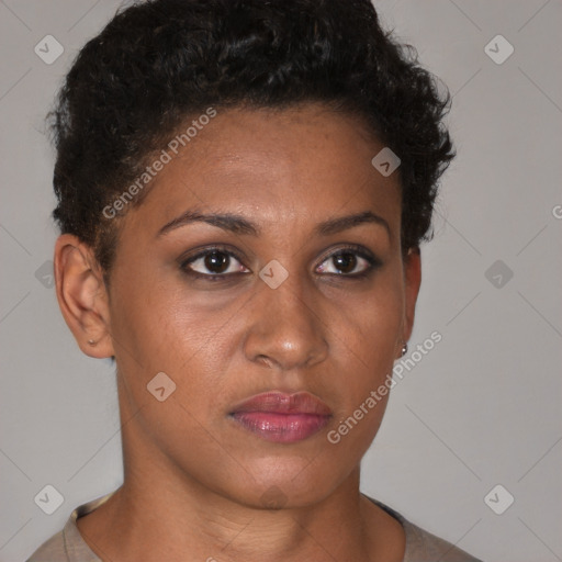 Neutral black young-adult female with short  brown hair and brown eyes