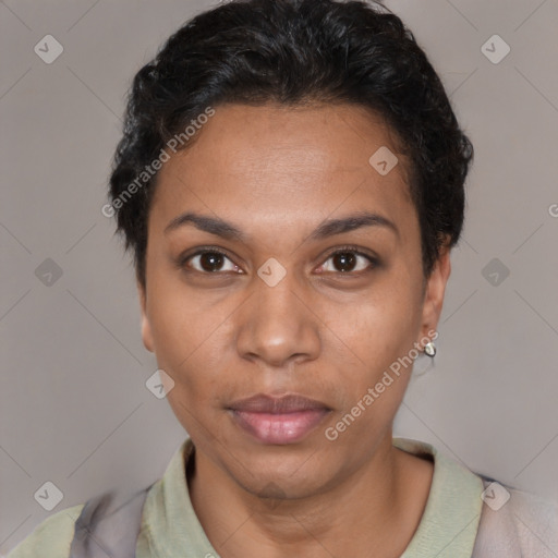 Neutral latino young-adult female with short  black hair and brown eyes