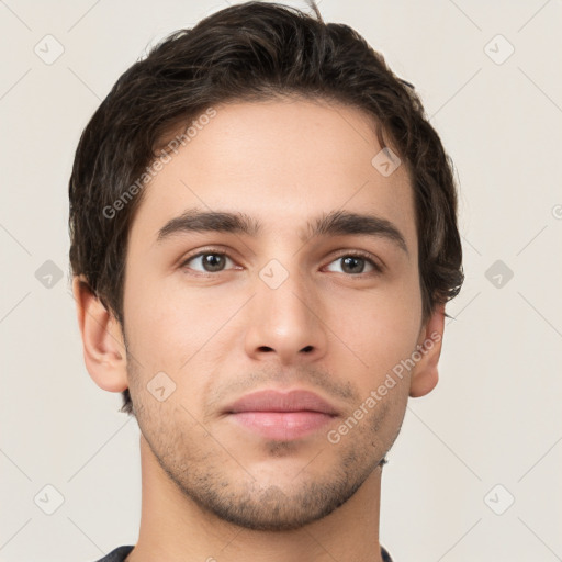 Neutral white young-adult male with short  brown hair and brown eyes